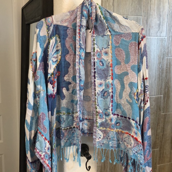 NWT Raj Boho Woven Kimono Wrap Floral With Yarn Embellishments One Size - Picture 2 of 14